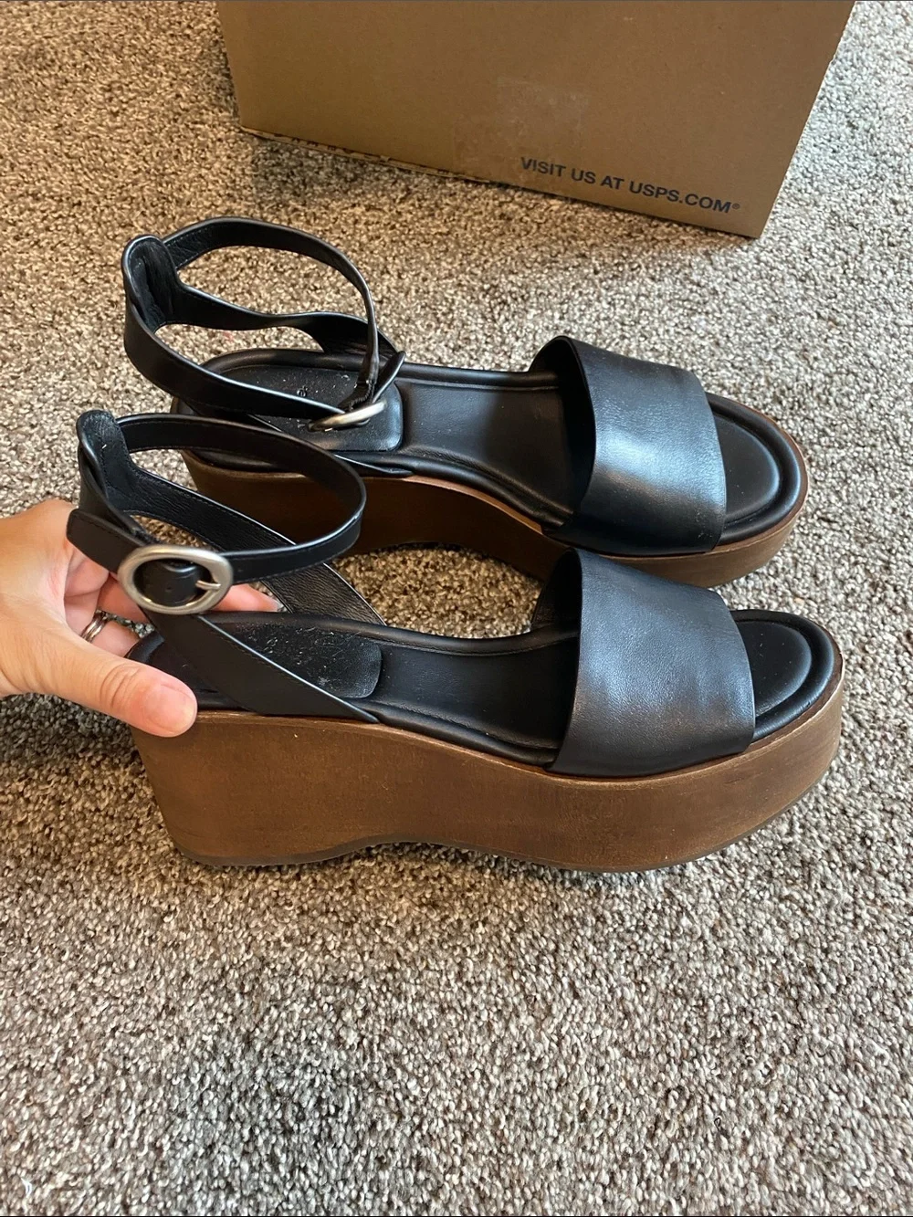 Vince Black Leather Ankle-Strap Wedge Sandals with Brown Platform